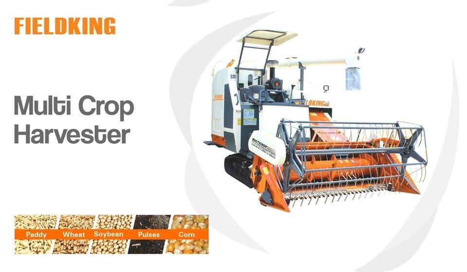 Fieldking multi crop harvester designed for efficient harvesting of paddy, wheat, soybean, pulses, and corn.