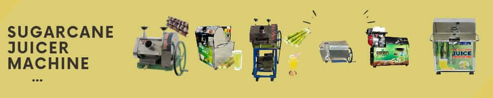 Image showcasing various sugarcane juicer machines with a yellow background.