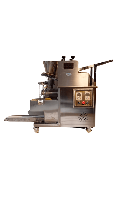 Side view of big samosa machine featuring dual control panels and automatic stuffing system.