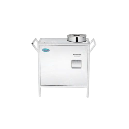Stainless steel masala grinder with a compact box-style design, top-loading chamber, and side handles for easy mobility in commercial kitchens.