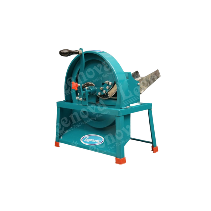 Bhaji Cutter machine in teal green with a round blade cover, hand crank, and sturdy frame designed for vegetable cutting.