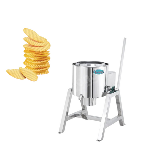Tilting Dryer Machine alongside a stack of potato chips, highlighting its use in snack drying and oil removal.