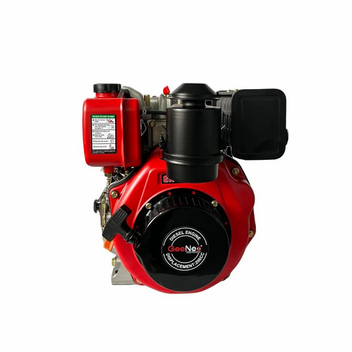 Front view of GeeNex diesel engine with 296cc displacement, featuring a black recoil starter, cylindrical air filter, and red fuel tank displaying quick start guide instructions.