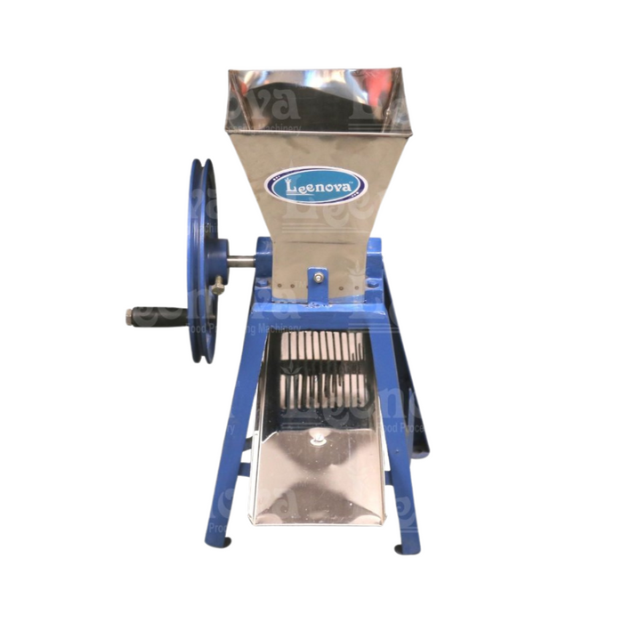 Front view of the Manual Chilly Cutter showing the brand label, cutting chamber, and steel feed chute.