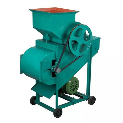 Garlic Bulb Breaker – Side view of the industrial-grade machine equipped with wheels for mobility and belt drive for smooth performance.