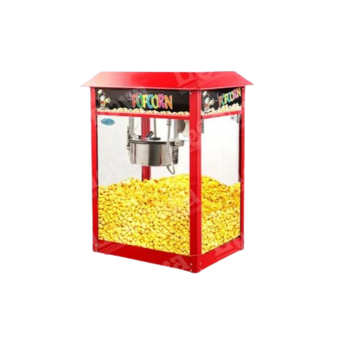 Angled side view of a fully loaded Popcorn Machine (Electric) filled with yellow popcorn, designed for commercial use.