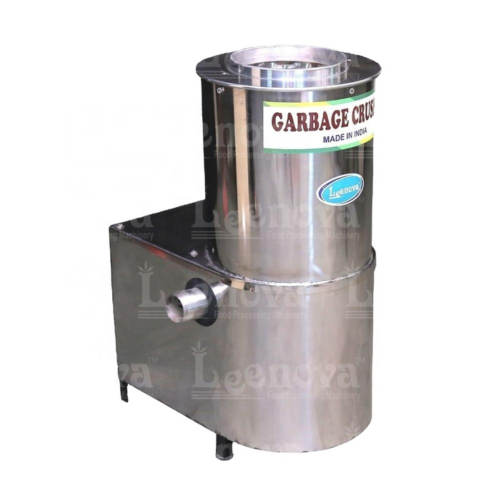 Side view of the Garbage Crusher Machine with a stainless steel finish, labeled “Made in India,” designed for efficient organic waste disposal.