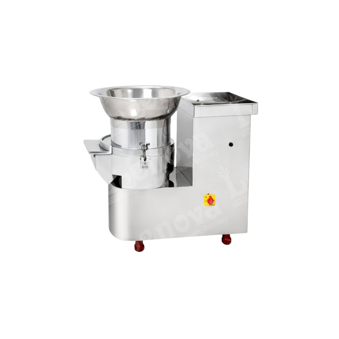 Stainless steel jumbo vegetable cutting machine with emergency stop button, bowl feeder, and efficient output chute for commercial kitchens.