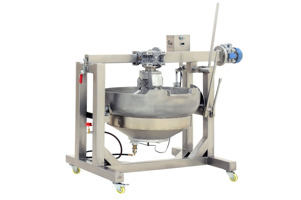 Full view of 4-feet halwa machine with stainless steel body, control box, and heating system on wheels for easy movement.
