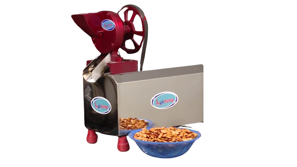 Full side view of Hand Dry Fruit Chips Machine with motor and almond bowls – ideal for chips and flakes production from dry fruits.