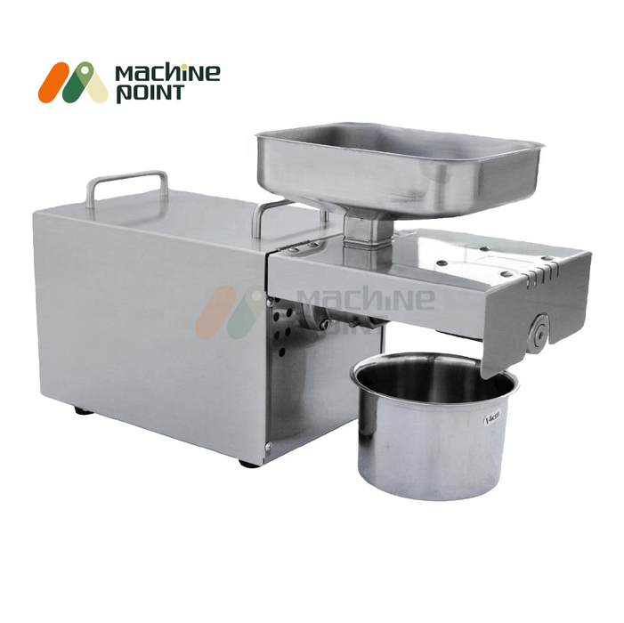 Compact design cold press oil machine with detachable oil collection bowl and high-efficiency motor.