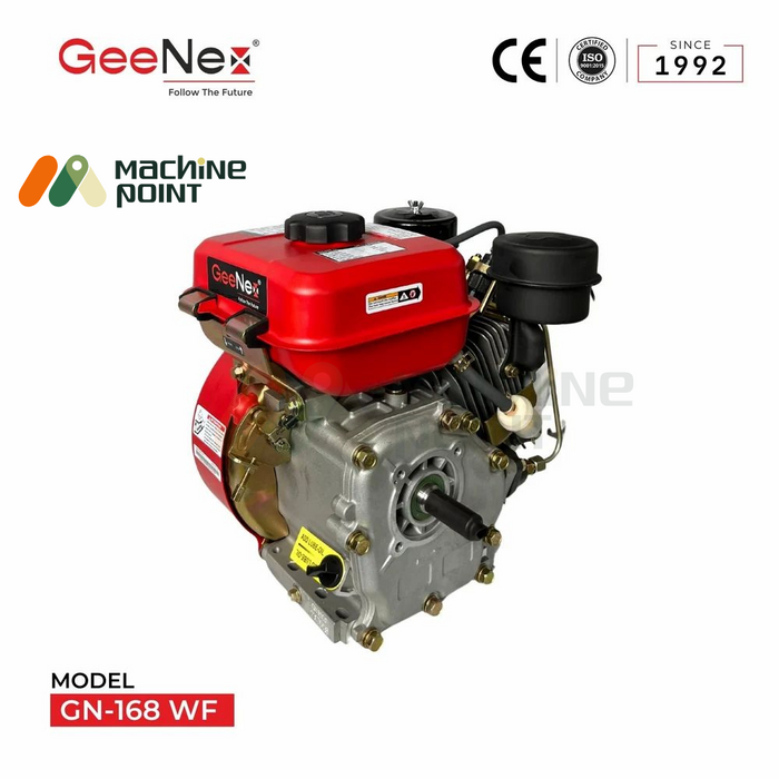 Angled view of GeeNex GN-168 WF diesel engine highlighting the engine shaft, robust construction, and multi-purpose application, with visible CE and ISO certifications.