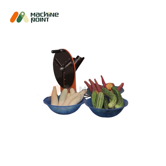 Hand Operated Salad Cutter with a bowl of chopped radish and a bowl of whole vegetables like carrots and cucumbers, ready for processing.