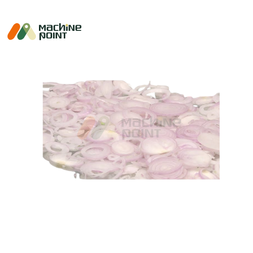 Finely sliced onion rings produced by the Onion Slicer Machine – consistent and hygienic output.