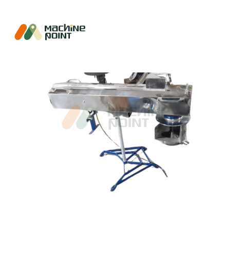 Angled view of LEENOVA Farsan Machine 7" highlighting the cutting chamber and stainless steel top cover, mounted on a tripod-style blue frame.
