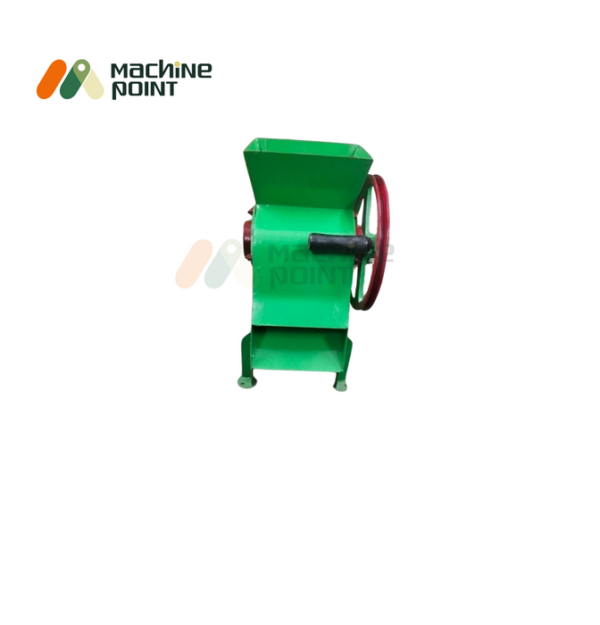 Front view of Ice Tukda Machine Big in green color with red handwheel and feeding chute.
