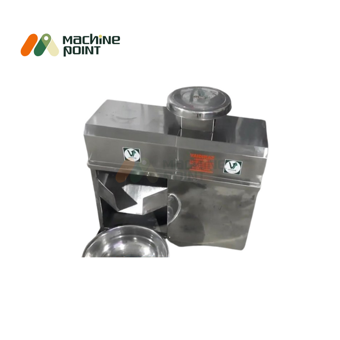 Stainless steel Mango Pulp Machine Small model with outlet and collection bowl for pulp extraction.