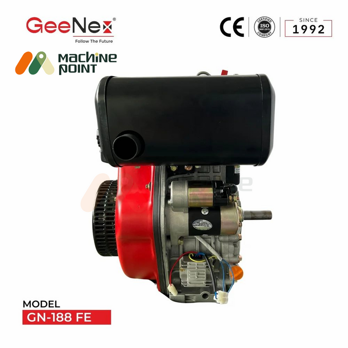 Right-side close-up of GeeNex GN-188 FE diesel engine highlighting the black muffler, red housing, and electric start motor assembly.