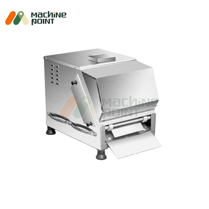 Stainless steel roti pressing machine with compact design, ergonomic handles, and output tray, suitable for commercial kitchens and food outlets.