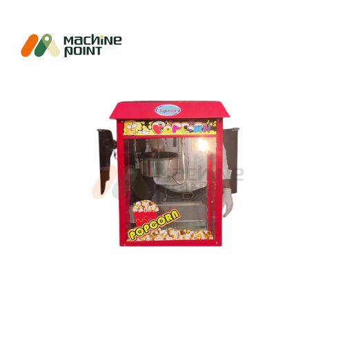 Front view of the Electric Popcorn Machine with a vibrant red casing, transparent glass panel, and fresh popcorn displayed inside.