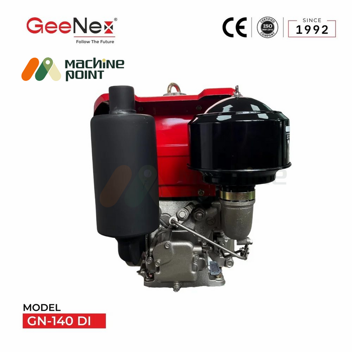 Rear view of GeeNex GN-140 DI engine showcasing the air filter and exhaust muffler in a compact, rugged design.