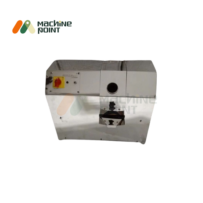Front view of Sugarcane Juice Machine COMPAQ – showing juice outlet, feed inlet, and emergency stop button on a stainless steel body.