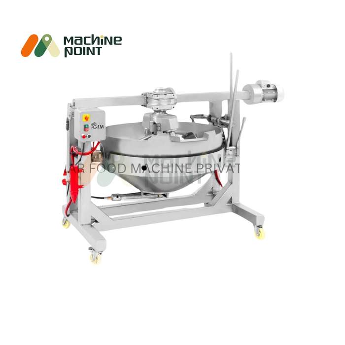 Fully automated 5-feet halwa making machine with electric controls and heavy-duty stirring arm on wheels – ideal for large-scale food production.