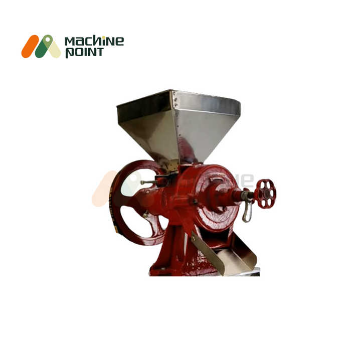 Angled view of Wet Dal Machine Without Motor with large conical hopper and red grinding body, dal being collected in a steel bowl.