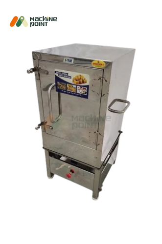 Angled view of 8 Tray Dhokla Steamer with stainless steel body and side handles – ideal for restaurants and food joints.