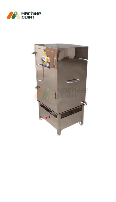 Angled side view of Stainless Steel Khaman Steamer with red control knobs and ergonomic side handles.