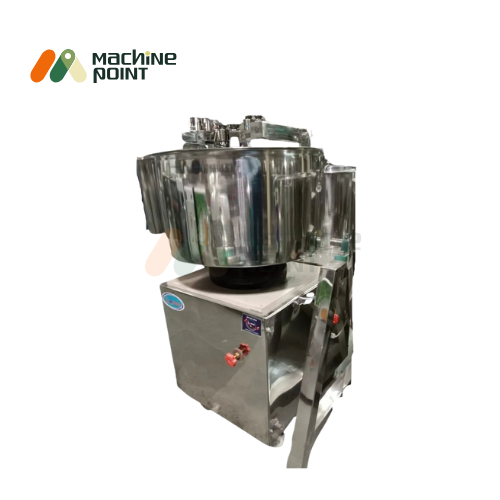 Side-angle view of Khichi Making Machine 10 KG featuring polished stainless steel bowl and motorized base for efficient batter mixing.