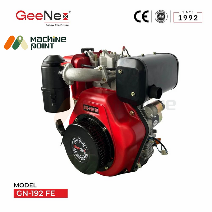 Rear-side perspective of the GN-192 FE diesel engine highlighting its recoil start system and air intake filter.