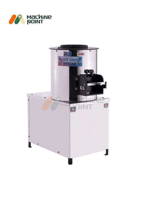 Industrial-grade 15 kg potato peeling machine with efficient outlet chute for high-volume operations.