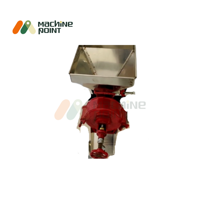 Top view of Wet Dal Machine showing stainless steel feeding hopper and red grinding chamber attached to a compact base.