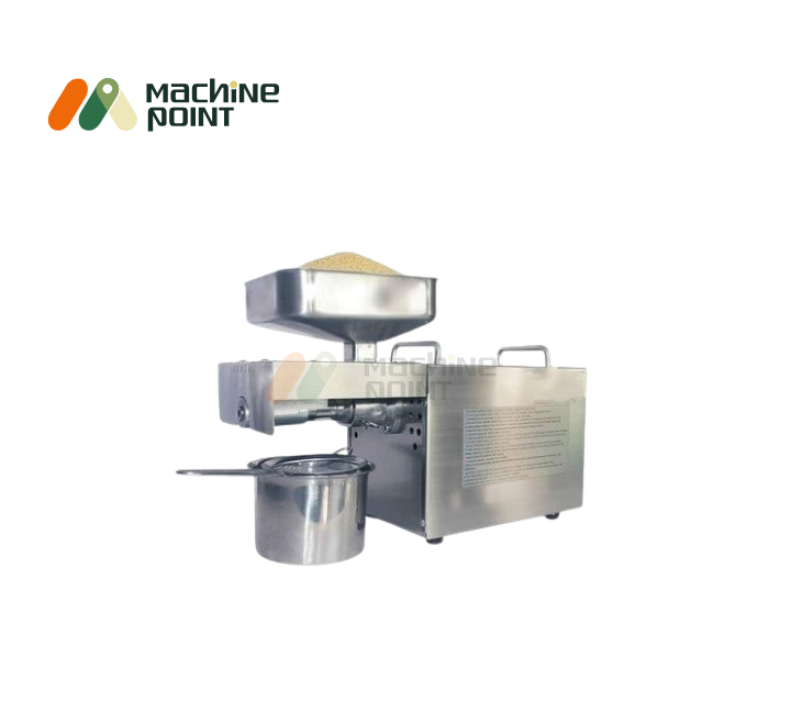 Compact 400W cold press oil extractor processing millet with oil collection container.