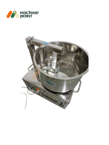 Top-angle view of 50 kg shrikhand mixer featuring polished steel finish and paddle-style mixing arm – suitable for dairy use.