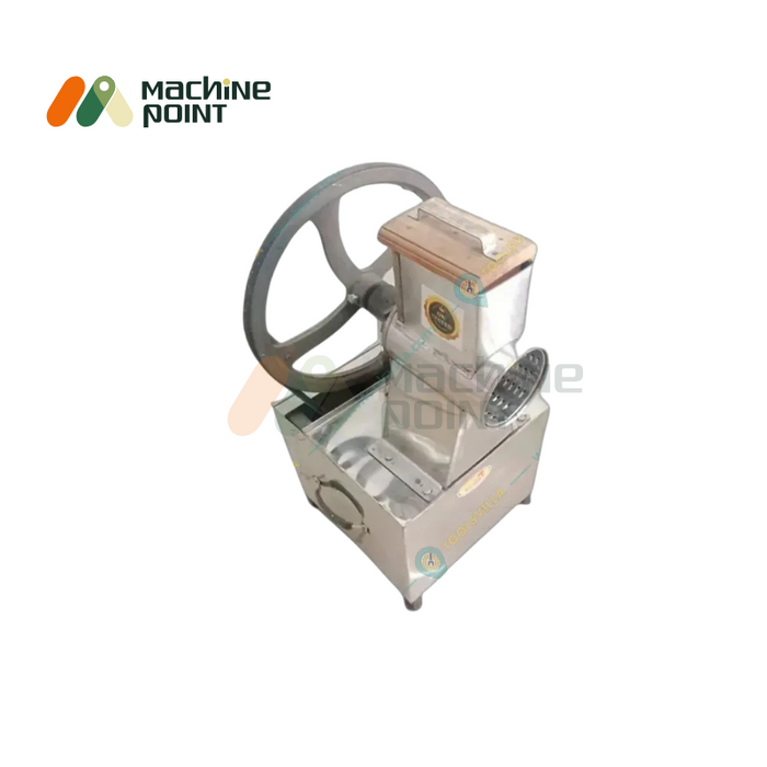 Top-angle view of Kadukas Bhuka Machine with attached grating tray and stainless steel body.