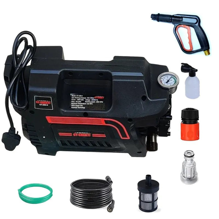 GT-228B high-pressure car washer featuring durable motor, ergonomic grip, and long hose – designed for efficient and convenient vehicle cleaning.