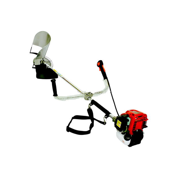 Complete farming brush cutter kit with GT-Shakti branding, metal blade, gloves, and shoulder straps