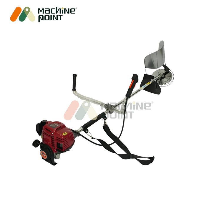 GT-CG-431 4-stroke side pack brush cutter with full accessories including blade, harness, gloves, and safety gear