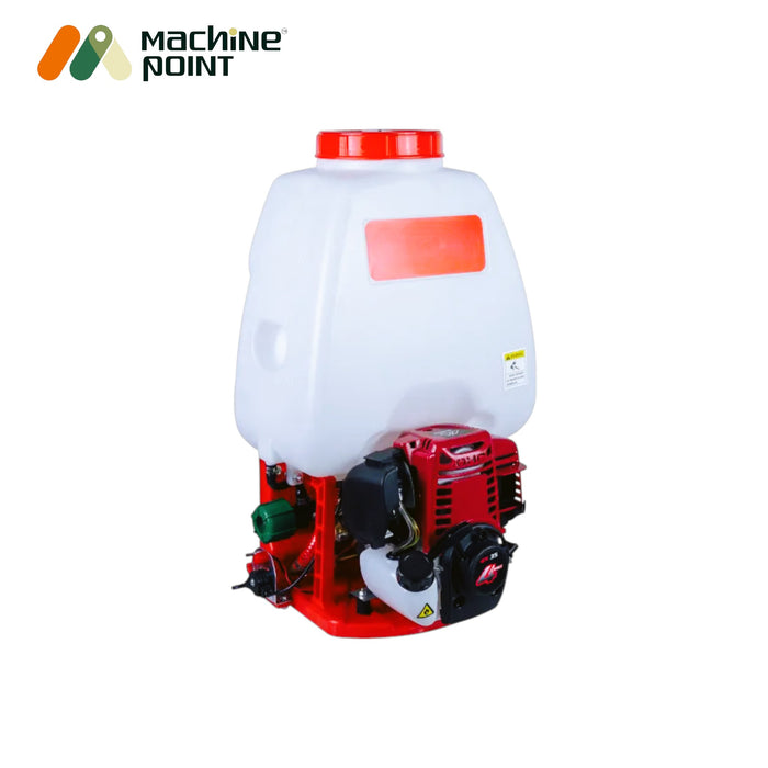Backpack sprayer with red engine, accessories, and shoulder straps