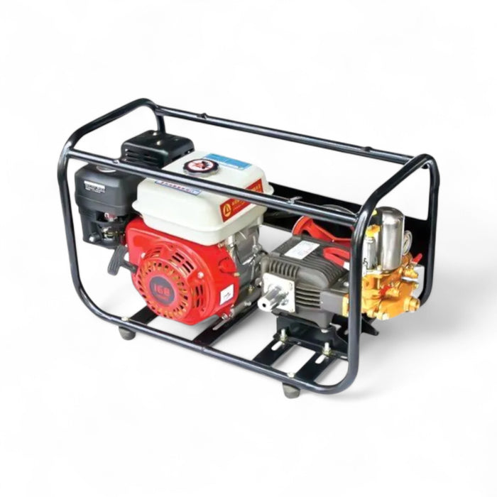 Heavy-duty power sprayer with red engine and brass HTP pump for farms