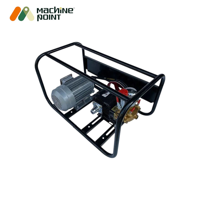 Machine Point electric power sprayer setup with hose, pump, and fittings