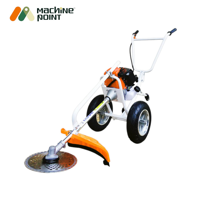 Heavy-duty GX50 petrol brush cutter with wheel support and complete toolkit