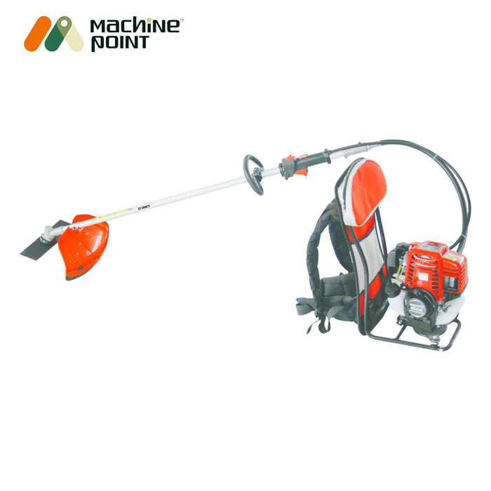 Full farming brush cutter set with helmet, gloves, metal blades, and backpack engine