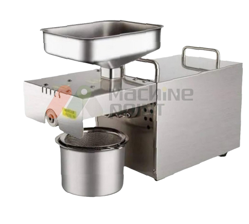 Mini oil mill machine with stainless steel body, hopper feeder, and oil outlet – ideal for cold pressing groundnut, mustard, sesame, and sunflower seeds at home or small businesses.
