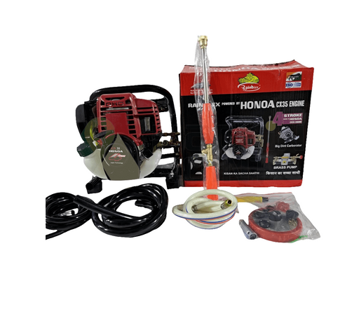 Honda GX35 engine-powered portable sprayer kit with 4-stroke engine, brass pump, hose pipe, and accessories – ideal for agricultural spraying and garden use.