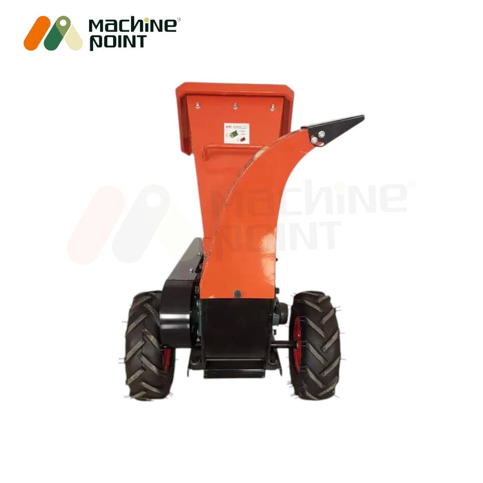 Industrial-grade wood chipper with 13-inch tyres and compact wooden box packaging