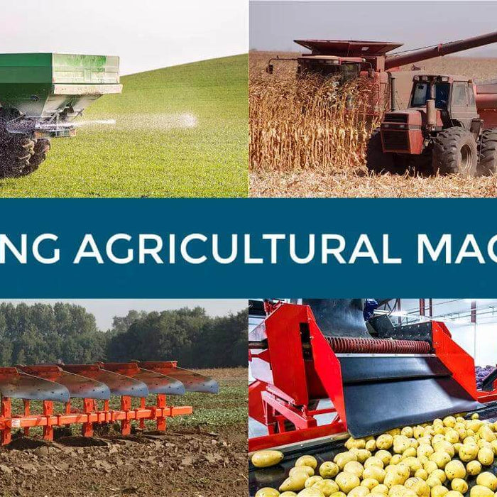 Collage of agricultural machinery, showcasing tractors, harvesters, and equipment for crop production.
