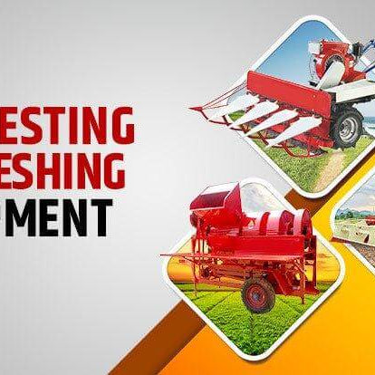 Image showcasing various harvesting and threshing equipment with vibrant graphics and bold text.